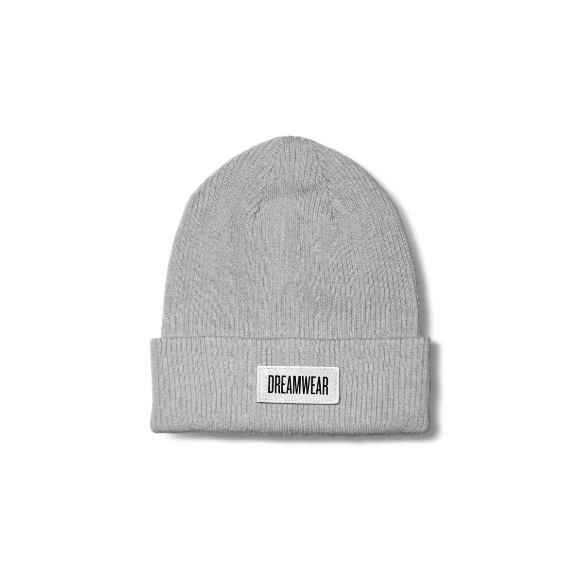DREAMWEAR Grey Beanie knitted hat with embroidered logo, warm acrylic and merino wool blend, versatile streetwear style.
