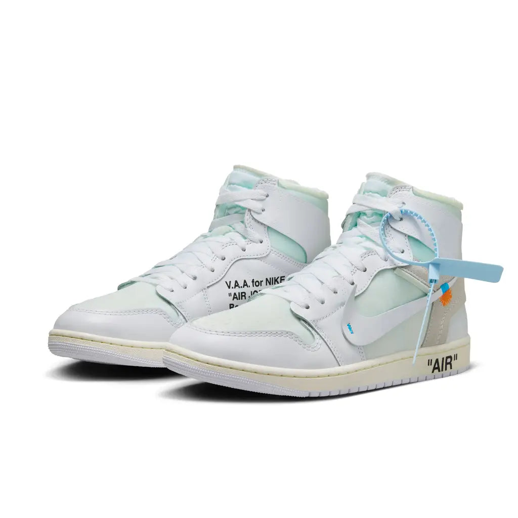 White high-top sneakers with light blue accents on a white background