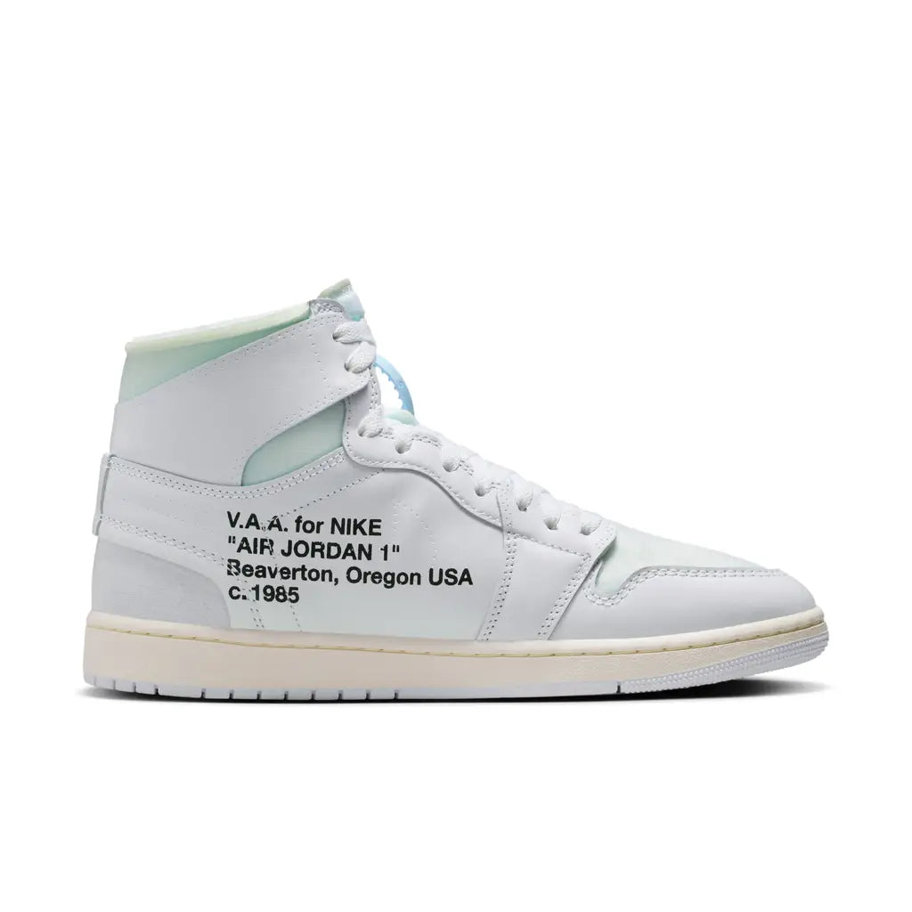White high-top sneaker with text on a white background